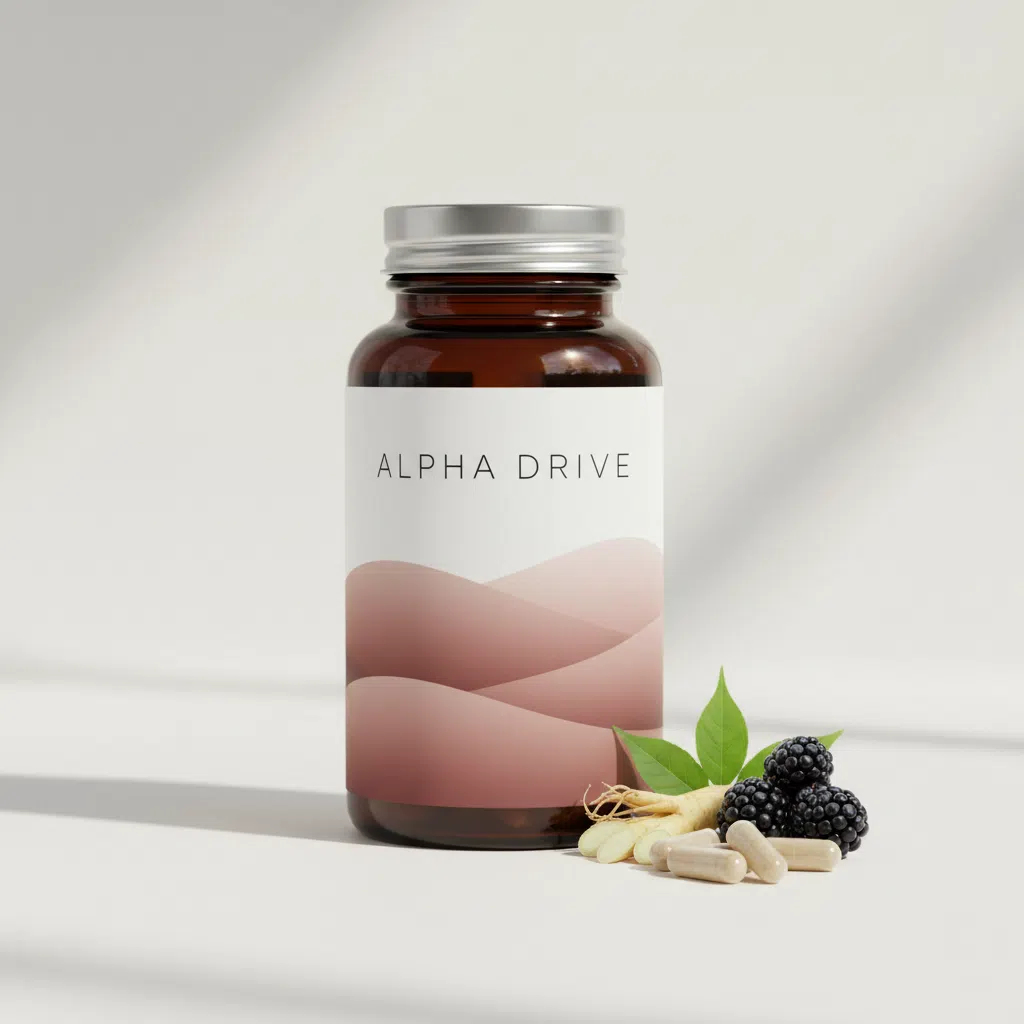 Alpha Drive supplement flesje - donkerblauw met goud accent, 60 capsules
